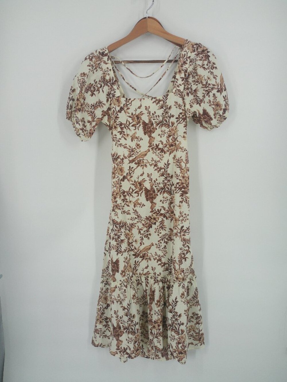 JUST FOUND Cottagecore Boho Floral Bird Print Puff Sleeve Midi Dress Square Neck